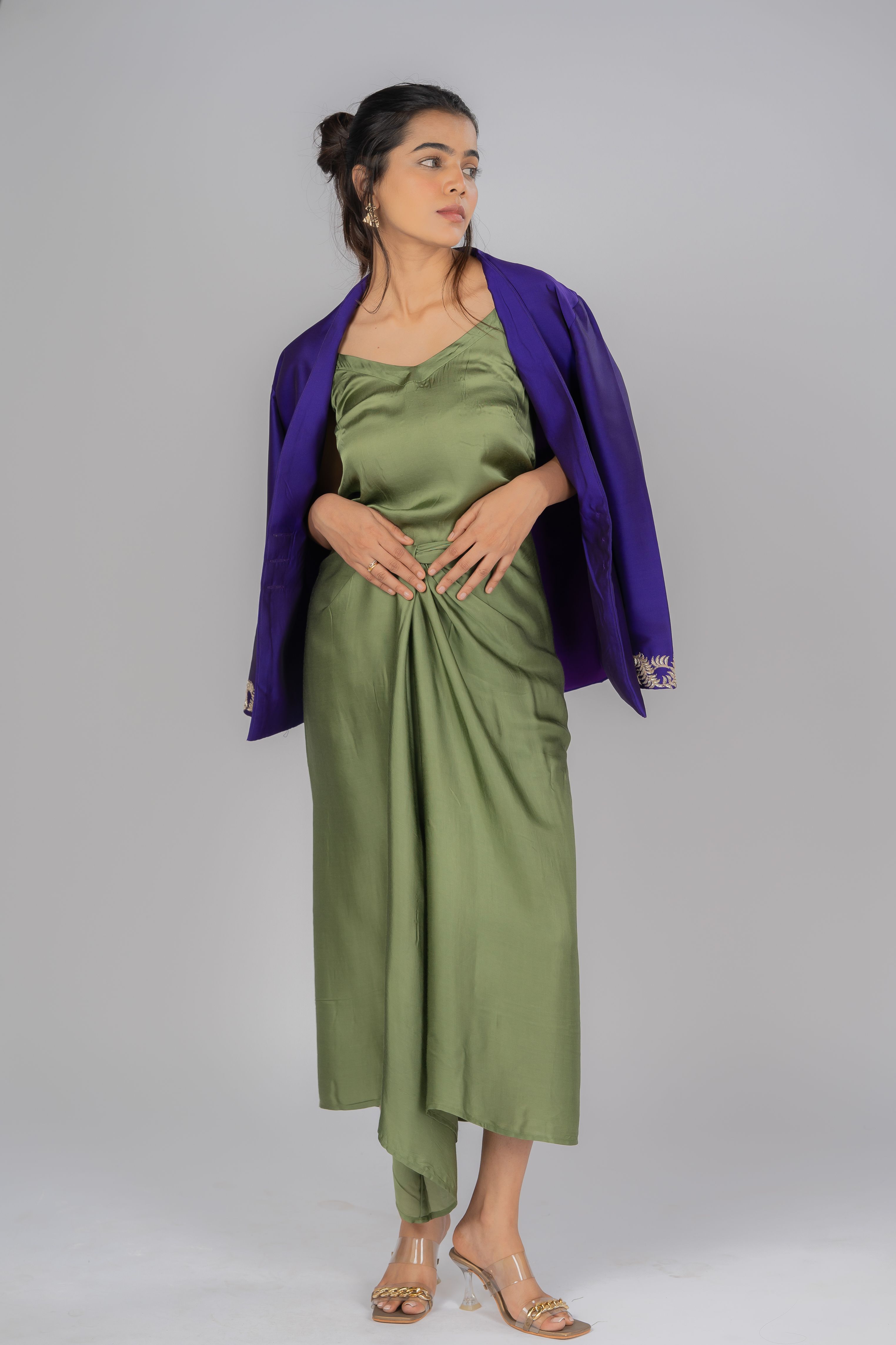 Dark purple short silk jacket with beautiful silver hand embroidery on the cuff