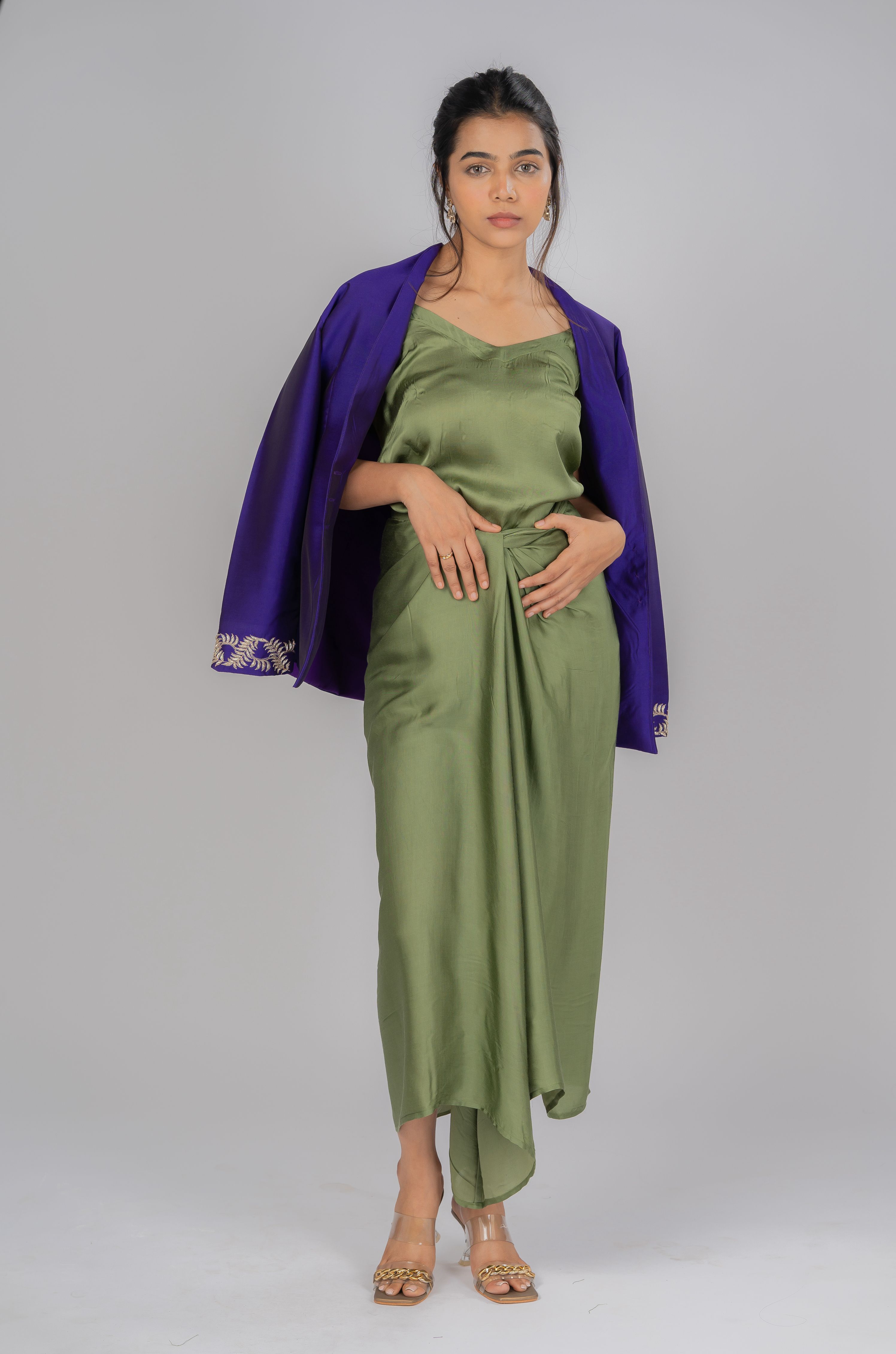 Dark purple short silk jacket with beautiful silver hand embroidery on the cuff