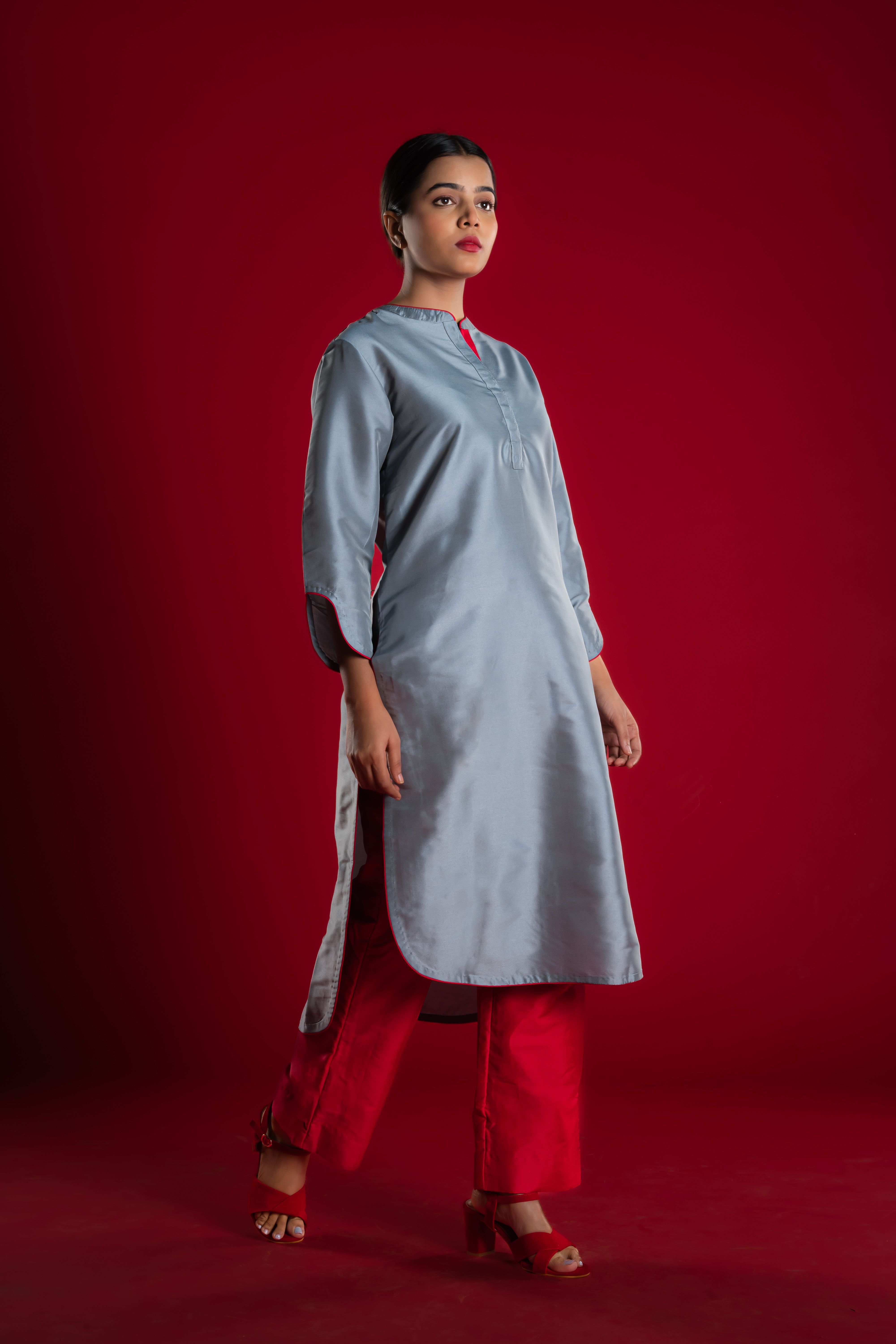 Grey Kurta & Red Pant Set